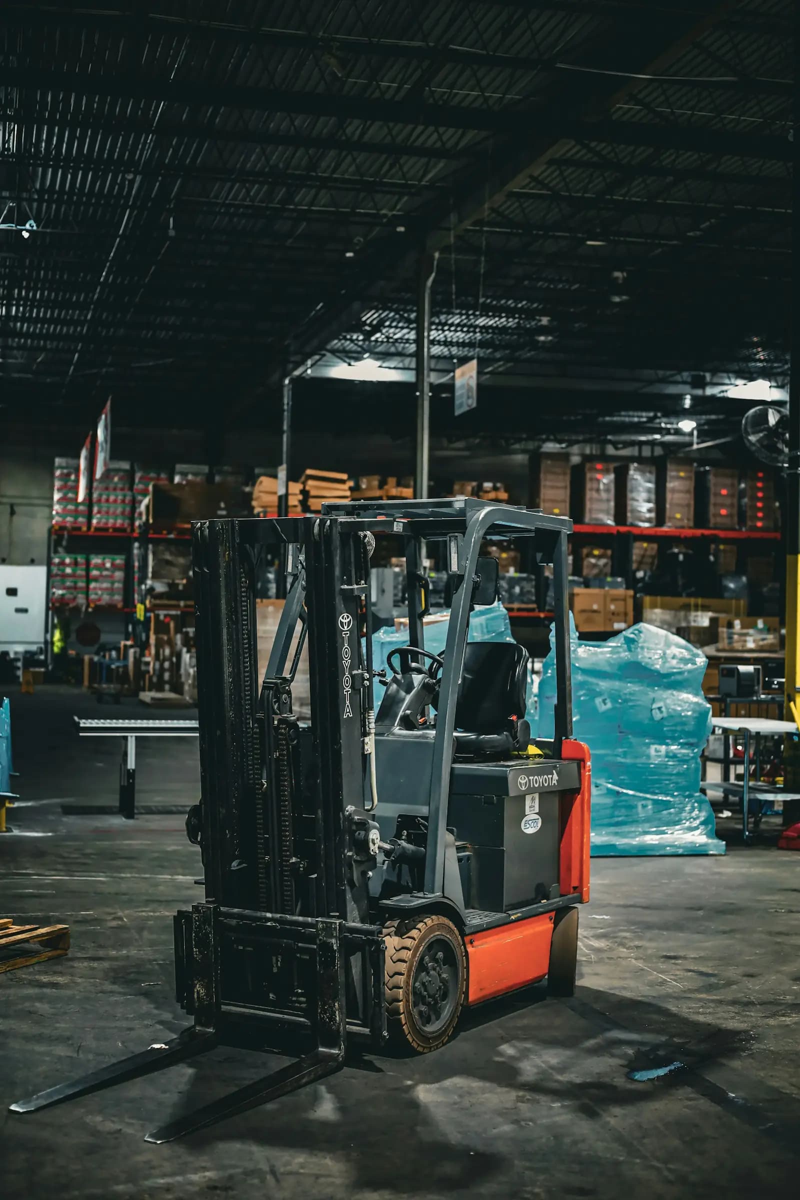 A forklift inside a warehouse