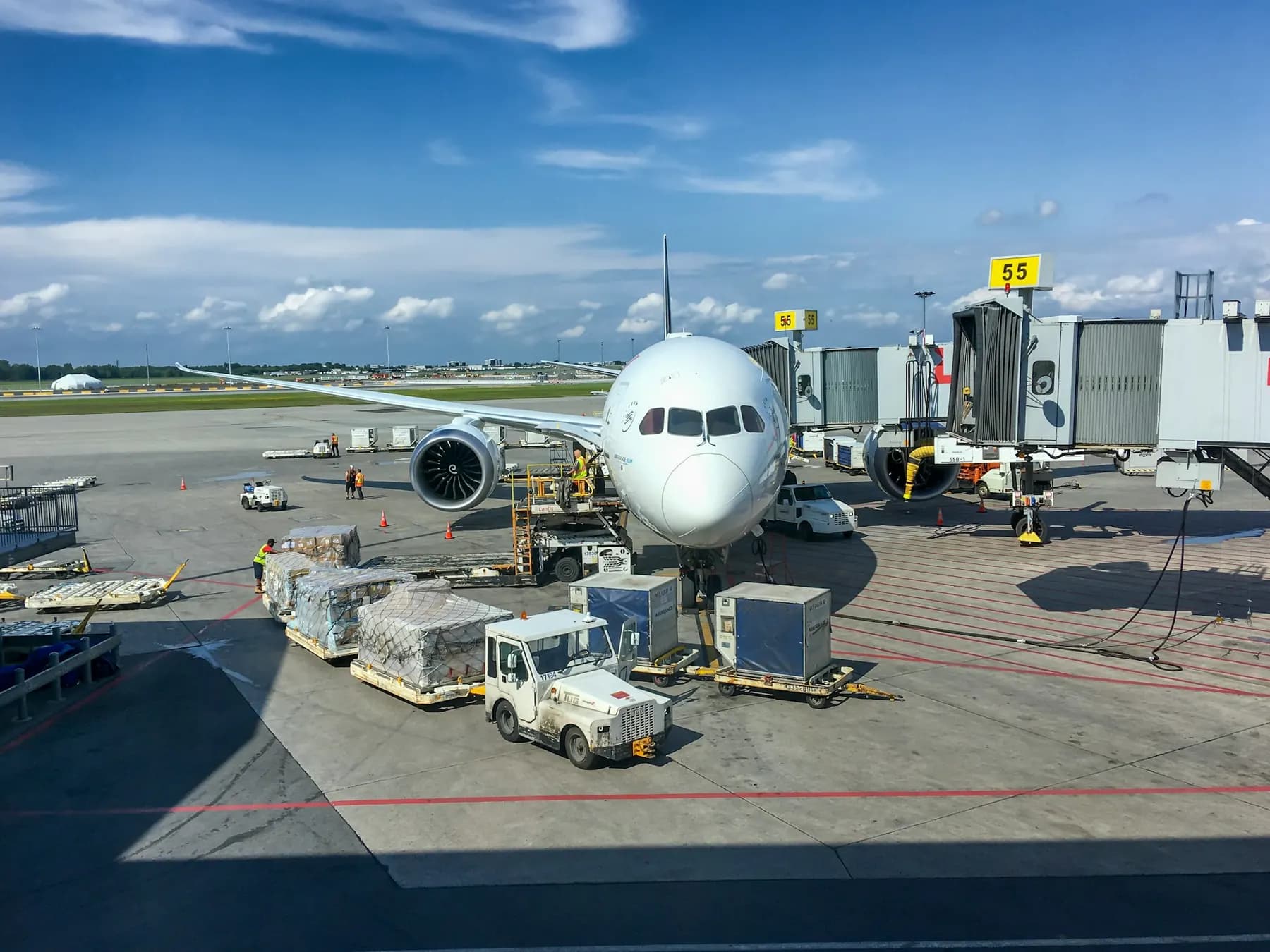 An airliner at the gate with cargo containers and dollies beneath it